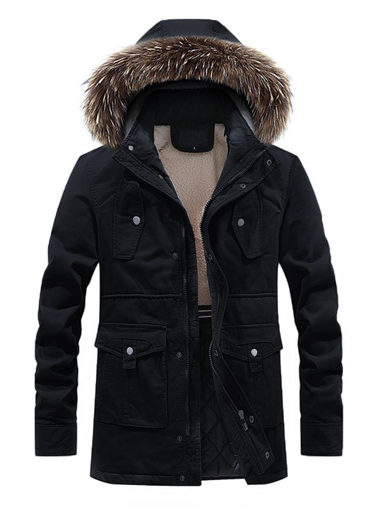 Fur Hooded Plain Zipper Pocket Herren Winterjacke