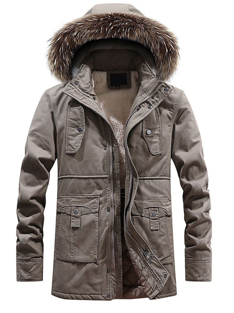 Fur Hooded Plain Zipper Pocket Herren Winterjacke