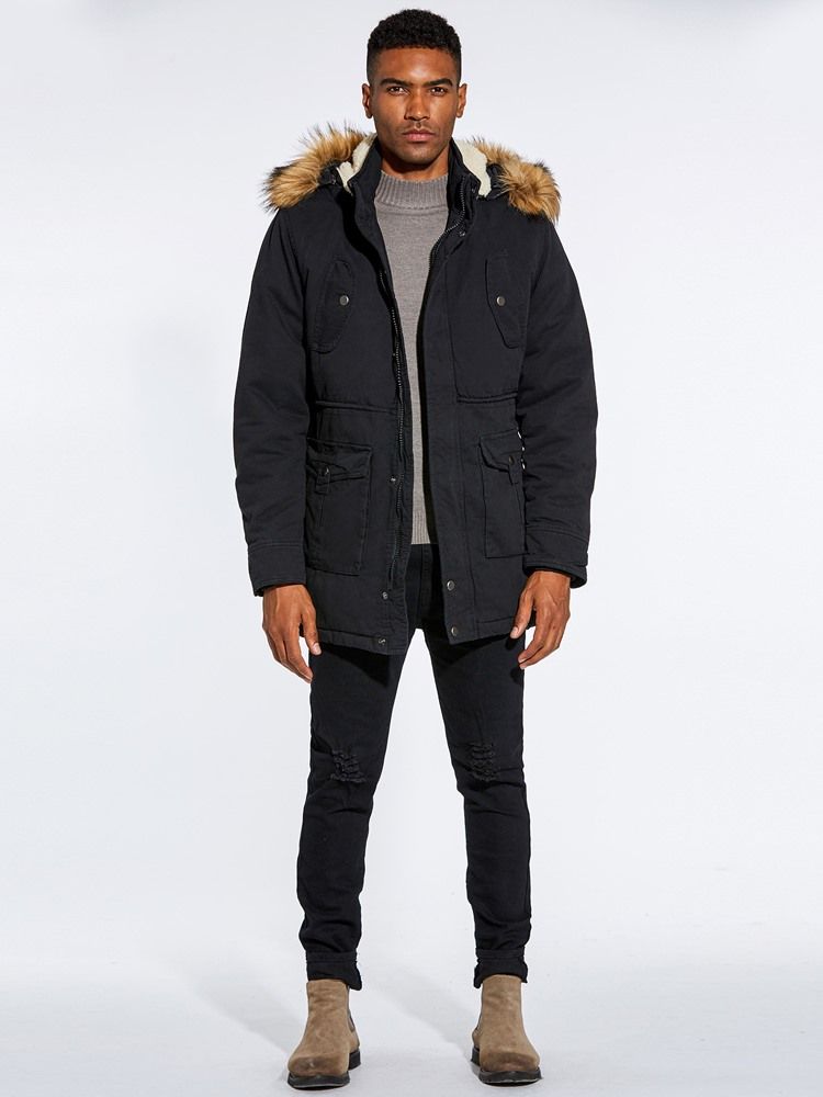 Fur Hooded Plain Zipper Pocket Herren Winterjacke