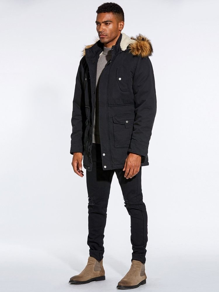 Fur Hooded Plain Zipper Pocket Herren Winterjacke