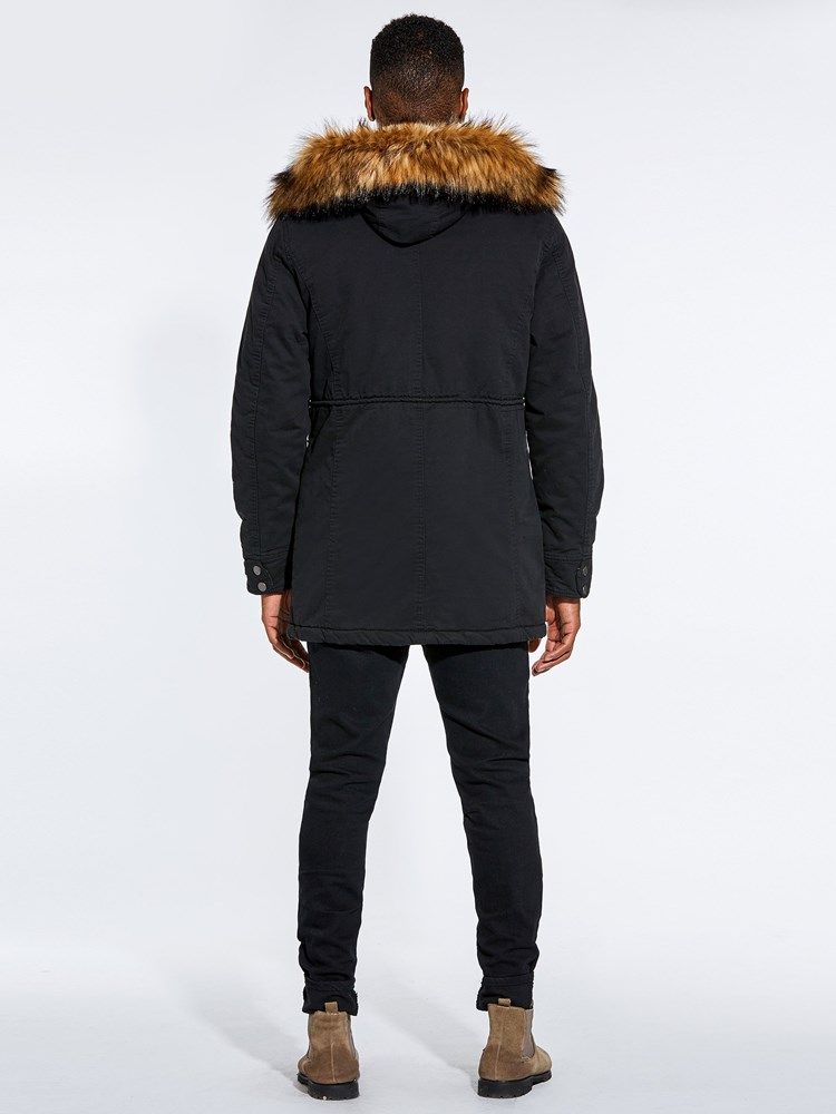 Fur Hooded Plain Zipper Pocket Herren Winterjacke