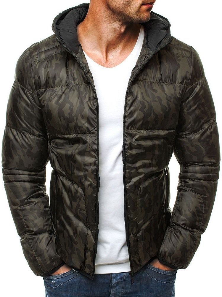 Herren Camouflage Print Kapuzen Casual Zipper Daunenjacke