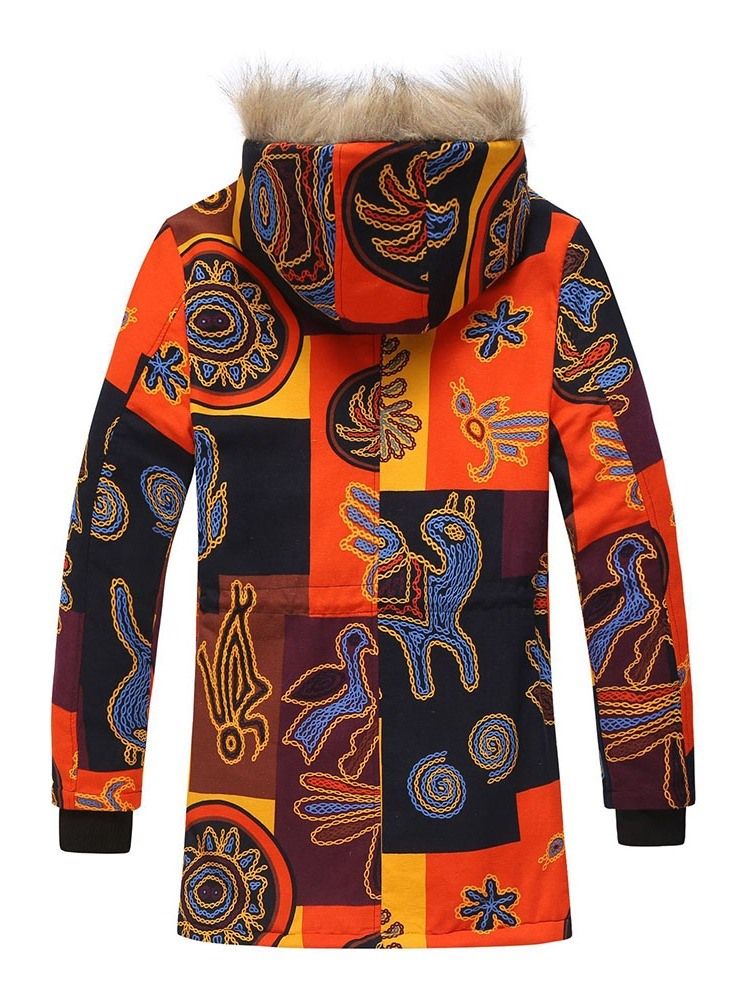 Mittellange Einreihige Freizeit-daunenjacke Mit Kapuzen-print Print