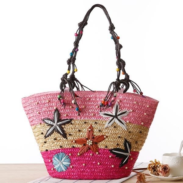 Bohemian Starfish Stickerei Strohhandtasche Stra