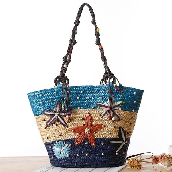 Bohemian Starfish Stickerei Strohhandtasche Stra