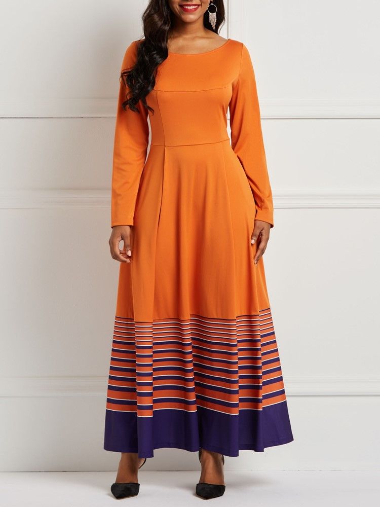 A-linie Pullover Orange Stripe Print Pocket Damenkleid