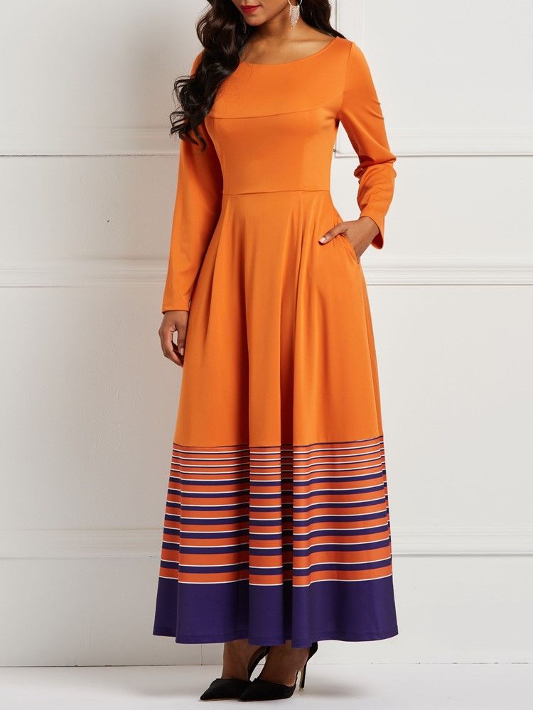 A-linie Pullover Orange Stripe Print Pocket Damenkleid