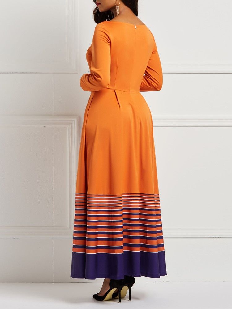 A-linie Pullover Orange Stripe Print Pocket Damenkleid