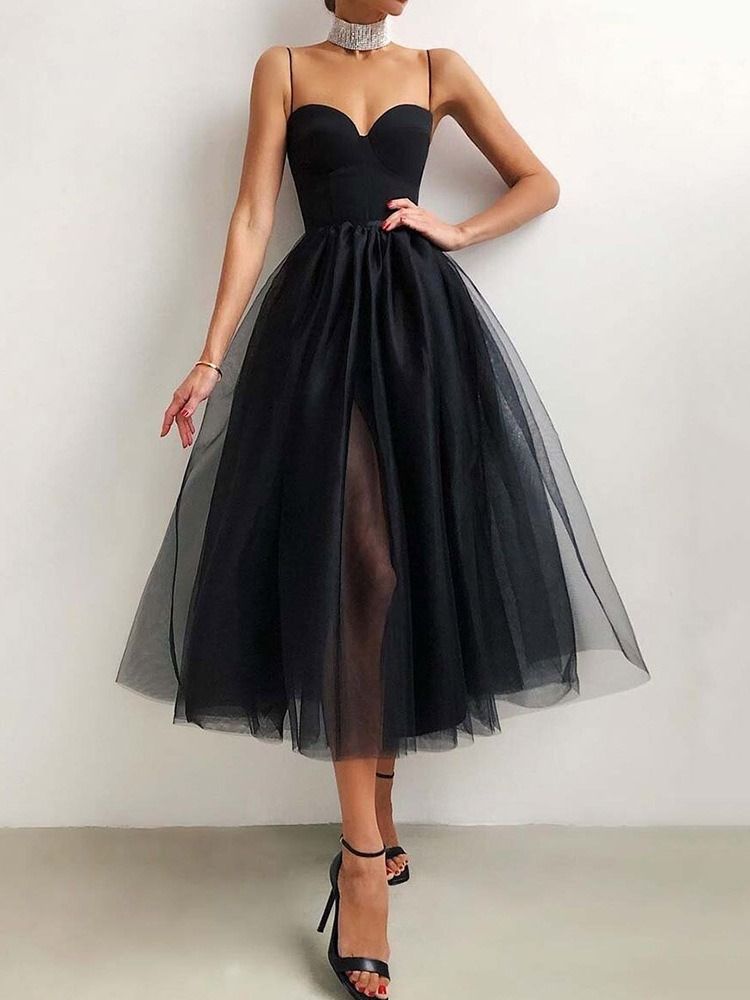 Ärmelloses A-linien-midikleid Aus Netzstoff Für Damen In Der Mitte Der Wade