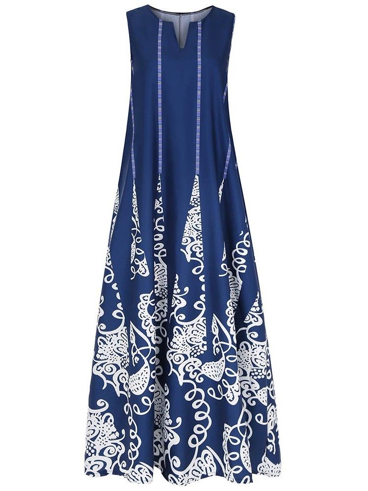 Ärmelloses Kleid Mit Knöchellangem Print Und Lässigem Farbblock Für Damen