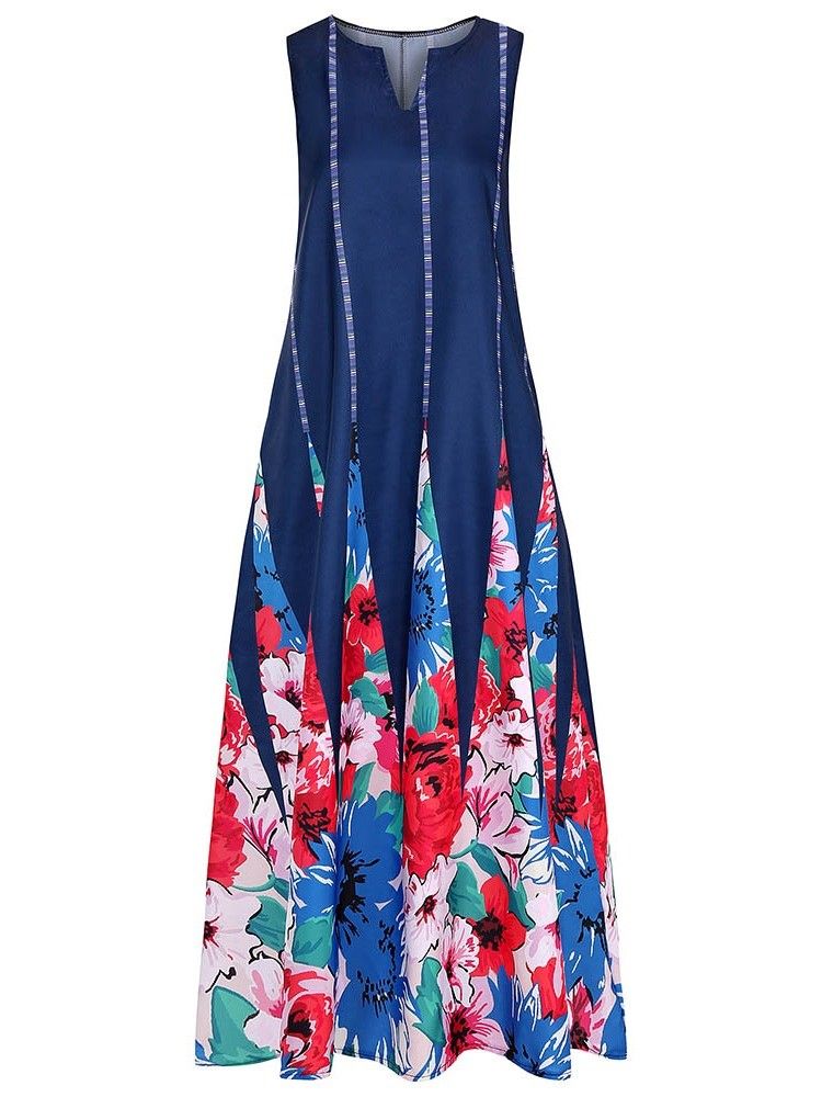 Ärmelloses Kleid Mit Knöchellangem Print Und Lässigem Farbblock Für Damen