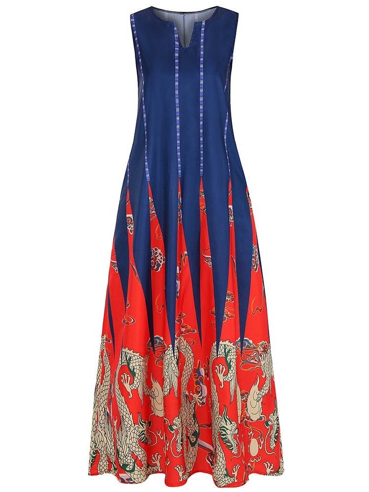 Ärmelloses Kleid Mit Knöchellangem Print Und Lässigem Farbblock Für Damen