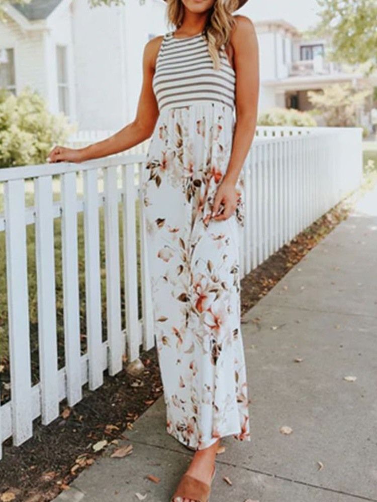 Bodenlanges Maxikleid Mit Rundhalsausschnitt Und Blumenmuster Für Strandkleider Für Damen