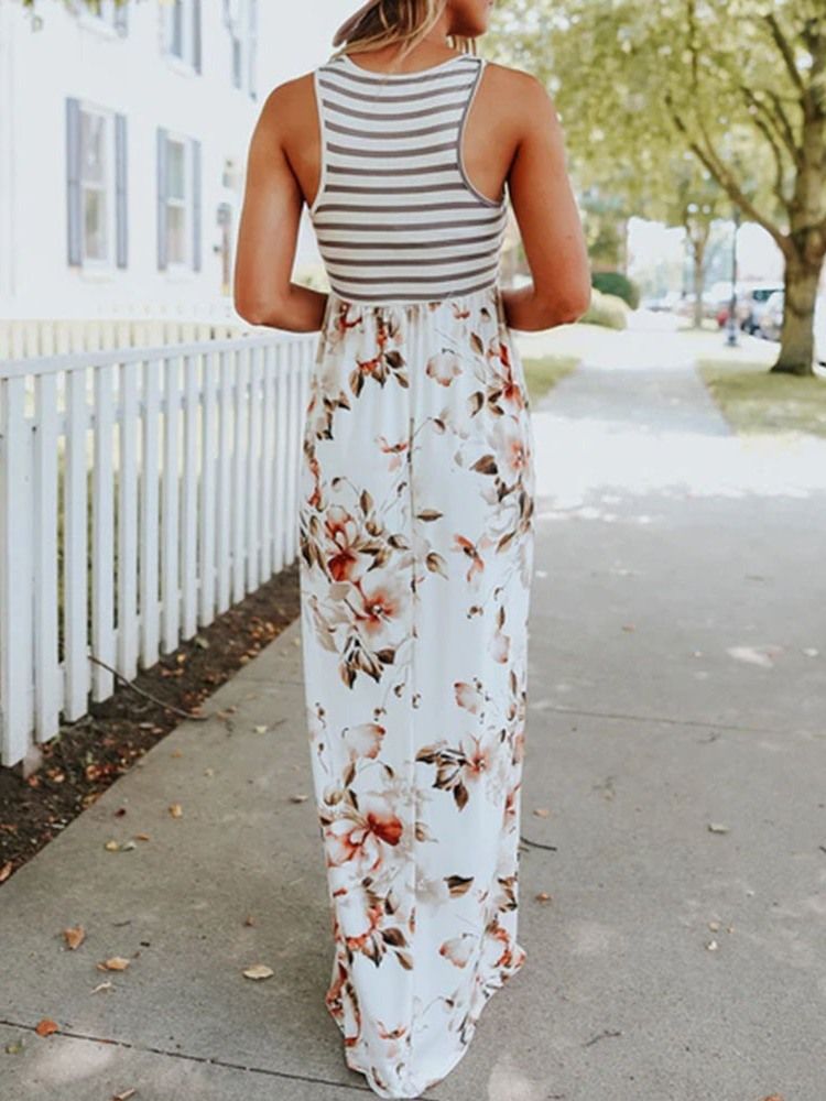 Bodenlanges Maxikleid Mit Rundhalsausschnitt Und Blumenmuster Für Strandkleider Für Damen