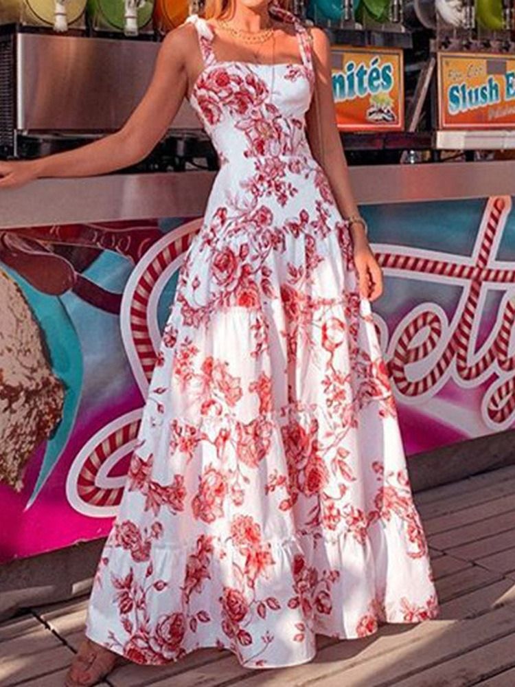 Damen Ärmelloses Bodenlanges Spaghetti-trägerkleid Mit Print