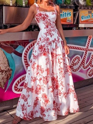 Damen Ärmelloses Bodenlanges Spaghetti-trägerkleid Mit Print