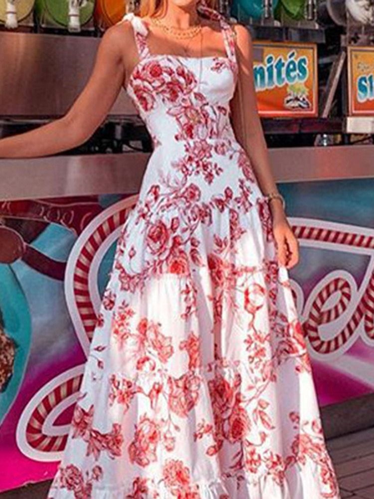 Damen Ärmelloses Bodenlanges Spaghetti-trägerkleid Mit Print