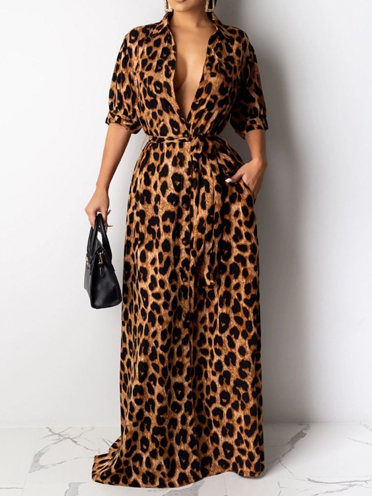 Damen Bodenlanger Print Mit Halben Ärmeln Fashion Leopard Kleid