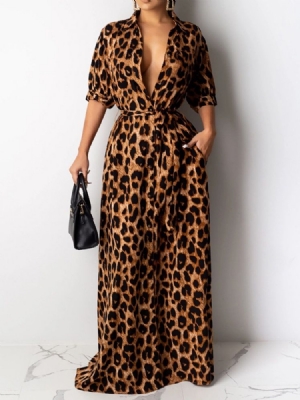 Damen Bodenlanger Print Mit Halben Ärmeln Fashion Leopard Kleid