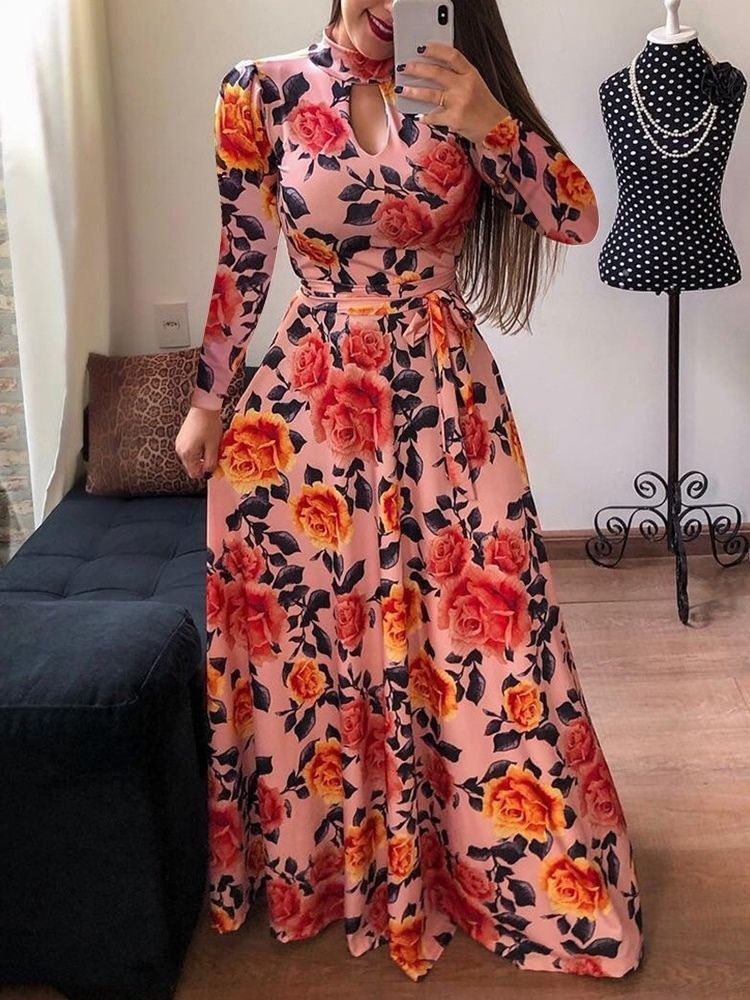 Damen Bodenlanges Kleid Mit V-ausschnitt Und Print Im Frühling Mit Mittlerer Taille