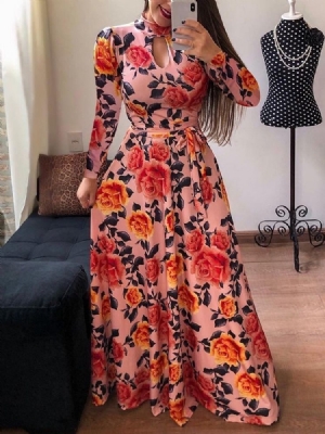 Damen Bodenlanges Kleid Mit V-ausschnitt Und Print Im Frühling Mit Mittlerer Taille