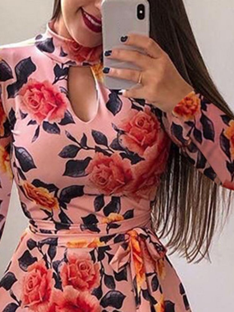 Damen Bodenlanges Kleid Mit V-ausschnitt Und Print Im Frühling Mit Mittlerer Taille