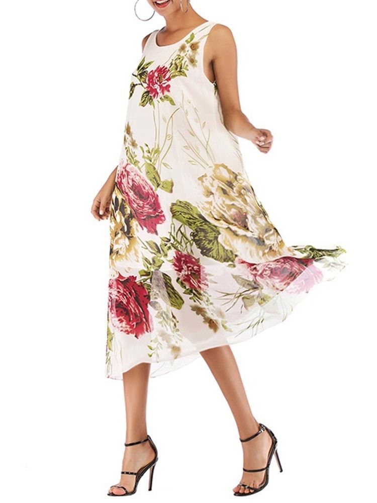 Damen Chiffon Print Rundhalsausschnitt Ärmelloses Süßes Kleid