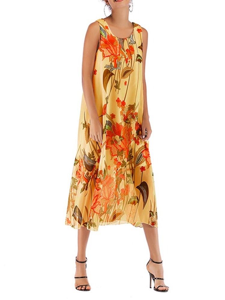 Damen Chiffon Print Rundhalsausschnitt Ärmelloses Süßes Kleid