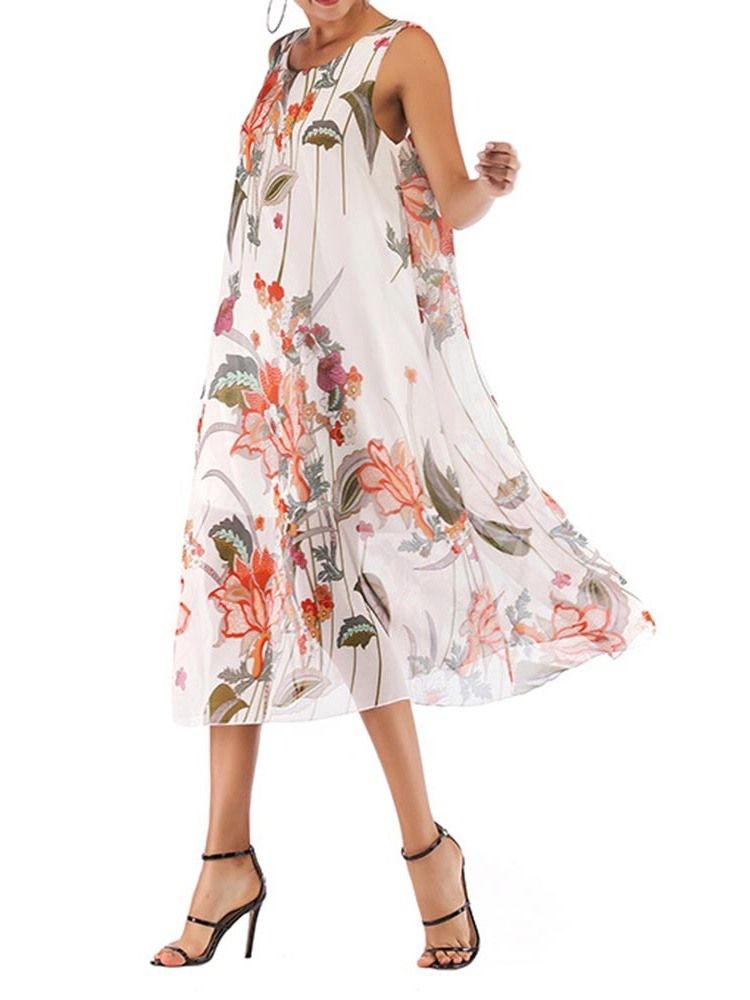 Damen Chiffon Print Rundhalsausschnitt Ärmelloses Süßes Kleid