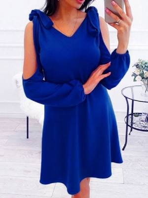 Damen Cold Shoulder A-linie V-ausschnitt Über Dem Knie Blaues Kleid