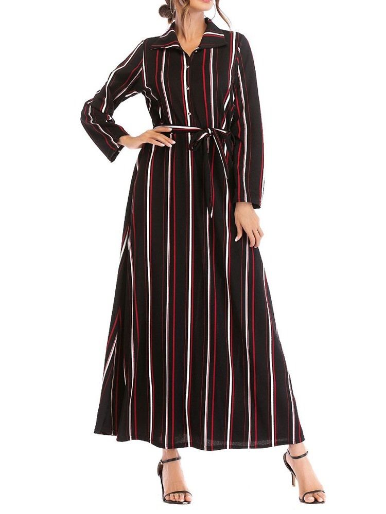 Damen Gestreiftes A-linien-kleid Mit Neun Punkten Ärmel Mittelhohem Revers Revers Regular