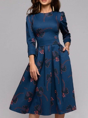 Damen-kleid Mit Rundhals-print 3/4-ärmeln Und Blumenmuster