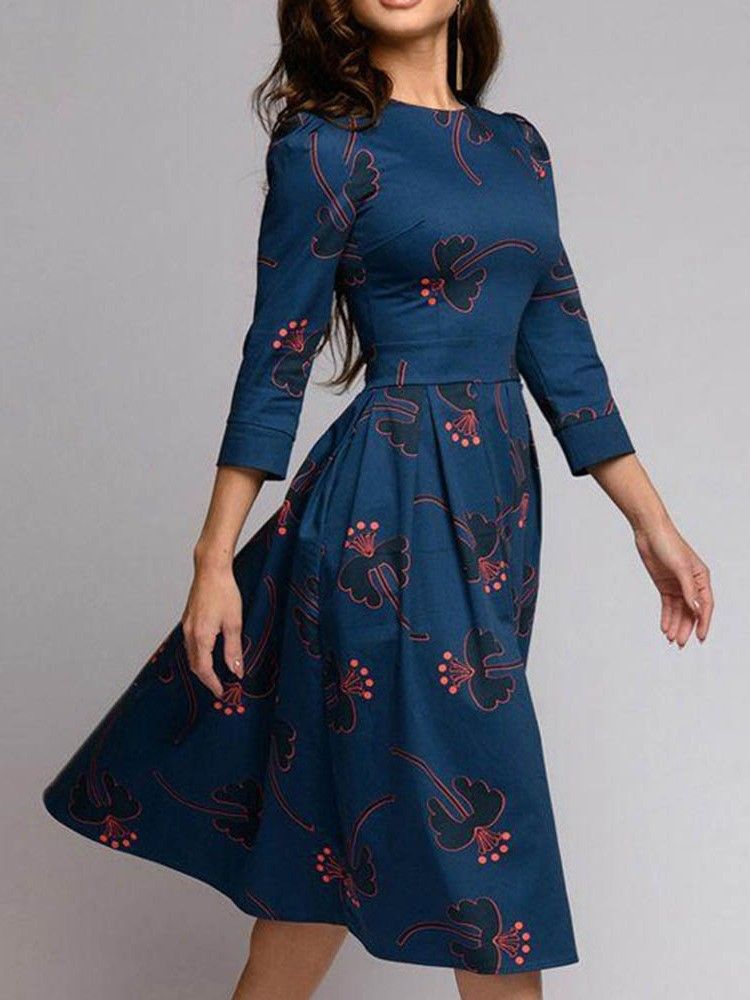 Damen-kleid Mit Rundhals-print 3/4-ärmeln Und Blumenmuster