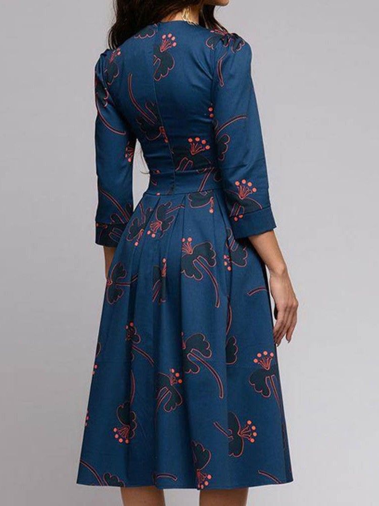 Damen-kleid Mit Rundhals-print 3/4-ärmeln Und Blumenmuster