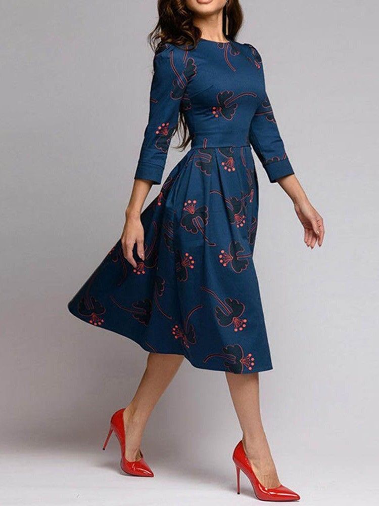 Damen-kleid Mit Rundhals-print 3/4-ärmeln Und Blumenmuster