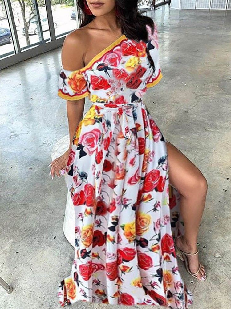 Damen-kleid Mit Schrägem Kragen Und Bodenlangem Print Party-blumenspaltenkleid