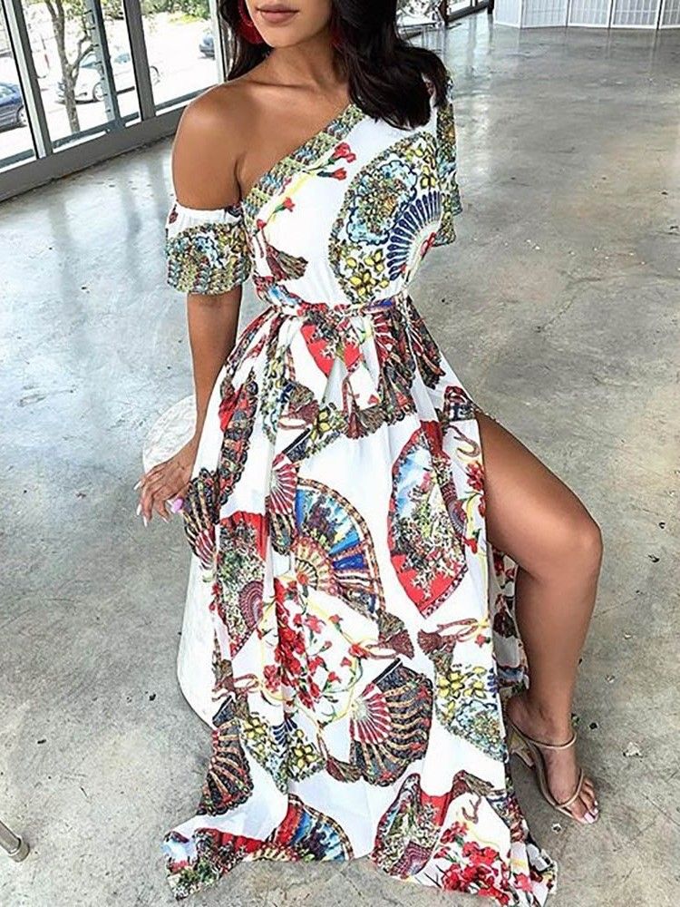 Damen-kleid Mit Schrägem Kragen Und Bodenlangem Print Party-blumenspaltenkleid