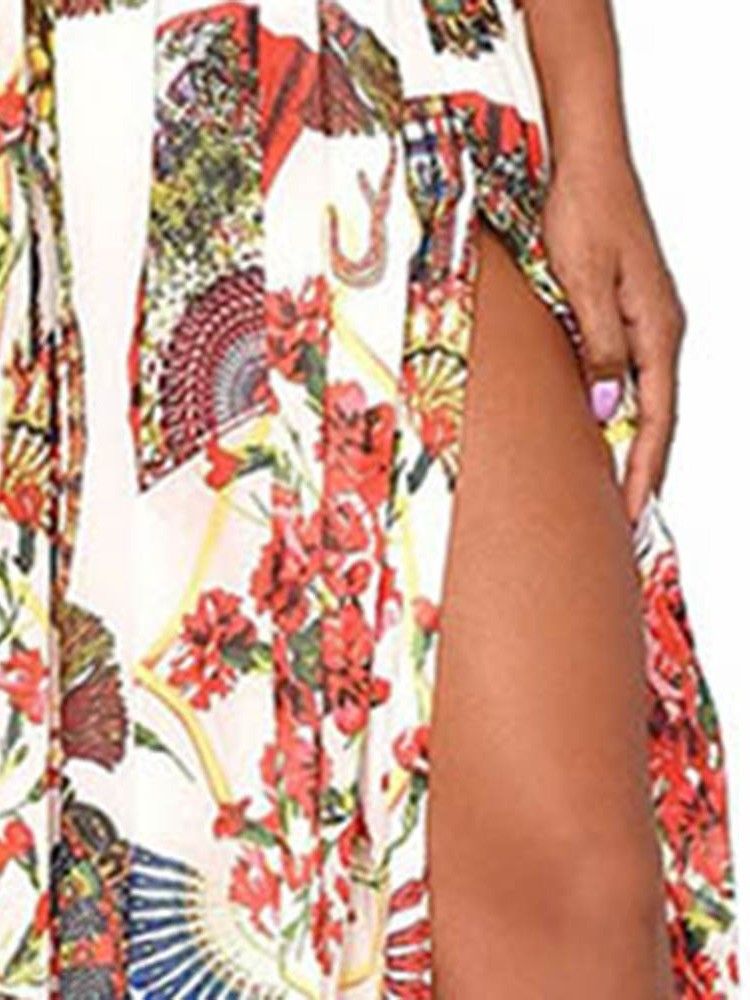 Damen-kleid Mit Schrägem Kragen Und Bodenlangem Print Party-blumenspaltenkleid