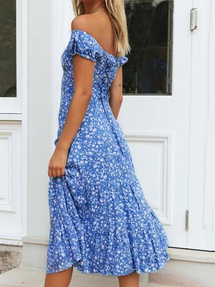 Damen-kurzarm-pulloverkleid Mit Mittelhohem Print