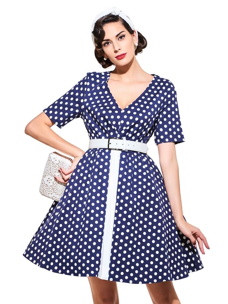 Damen Kurzarm Vintage A-linie Kleid Mit V-ausschnitt