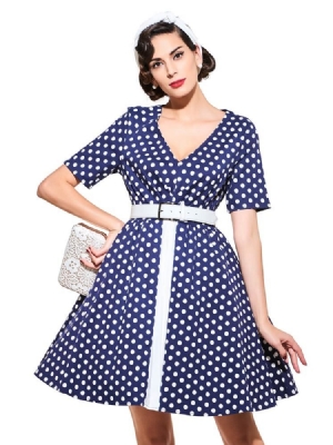 Damen Kurzarm Vintage A-linie Kleid Mit V-ausschnitt