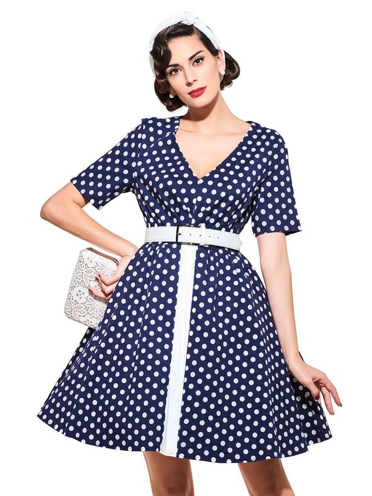 Damen Kurzarm Vintage A-linie Kleid Mit V-ausschnitt