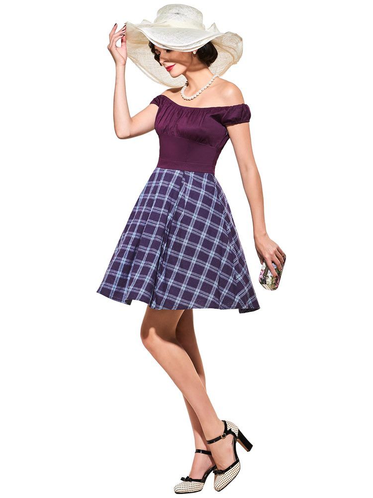 Damen Kurzarm-vintage-kleid Mit Slash-ausschnitt