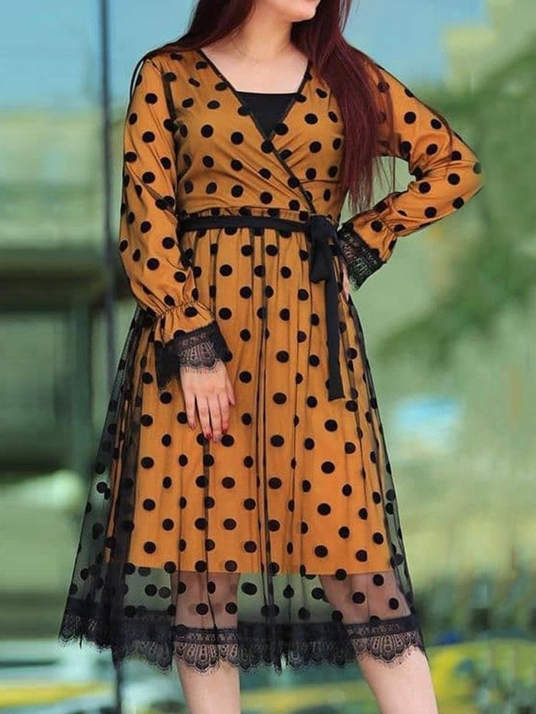 Damen Mid-waden-langarm-schnürkleid Mit Polka Dots