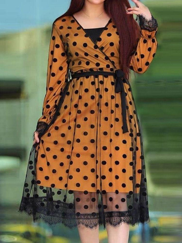 Damen Mid-waden-langarm-schnürkleid Mit Polka Dots