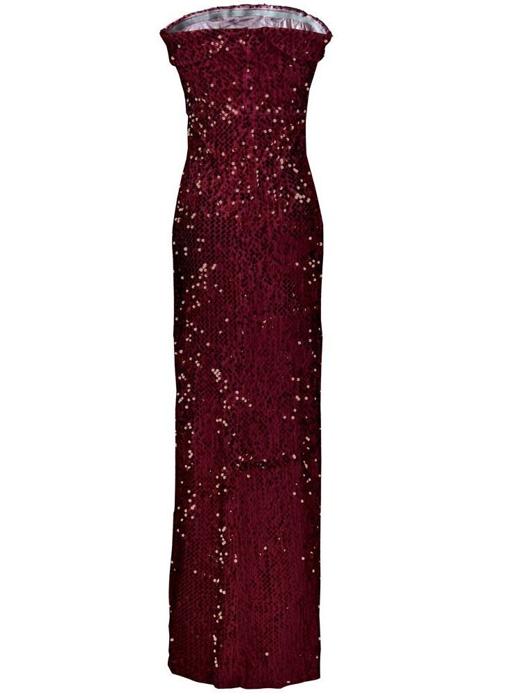 Damen Pailletten Cocktail Trägerloses Ärmelloses Bodenlanges Kleid Mit Schlitz