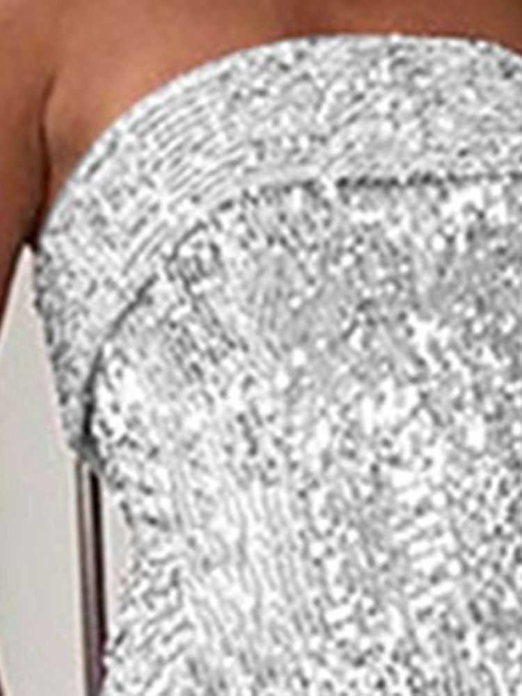 Damen Pailletten Cocktail Trägerloses Ärmelloses Bodenlanges Kleid Mit Schlitz