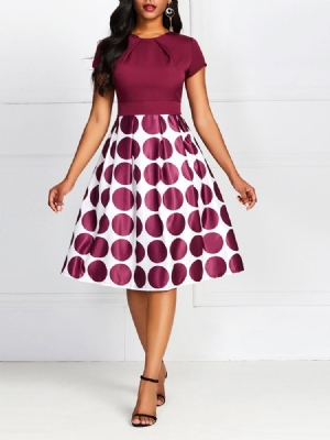 Damen Polka Dots A-linie Patchwork Über Dem Knie Kurzarmkleid Sleeve