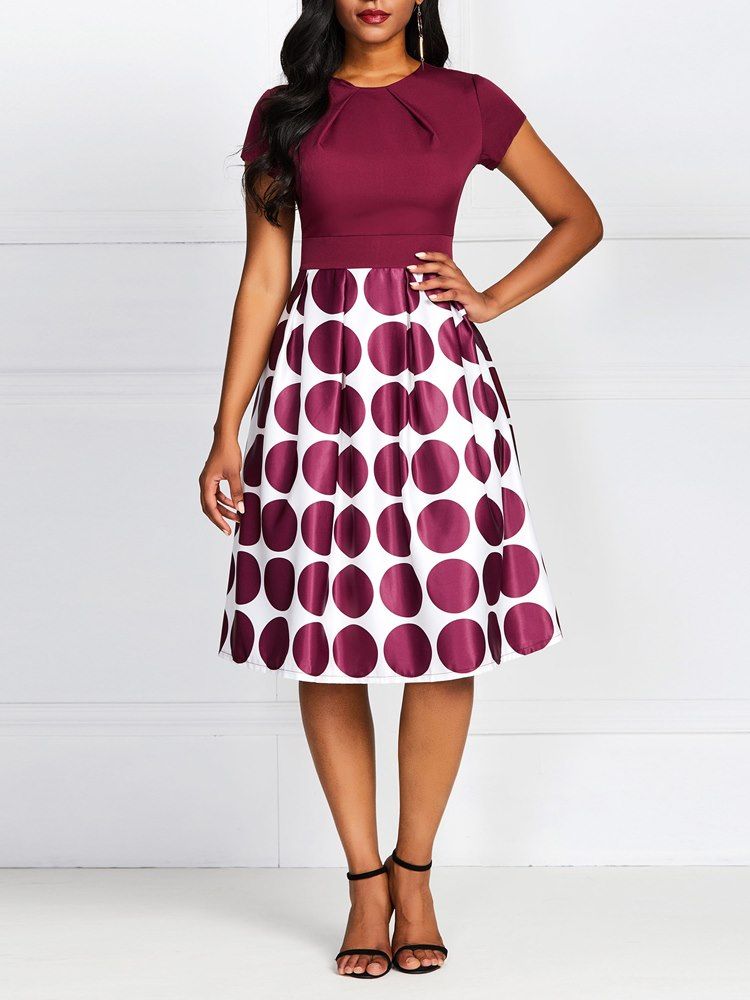 Damen Polka Dots A-linie Patchwork Über Dem Knie Kurzarmkleid Sleeve