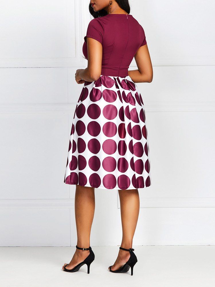 Damen Polka Dots A-linie Patchwork Über Dem Knie Kurzarmkleid Sleeve